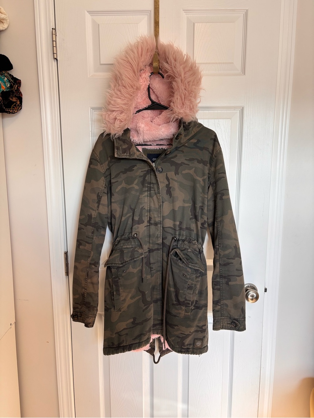 ONLY Olive Camo Jacket with Pink Faux Fur
